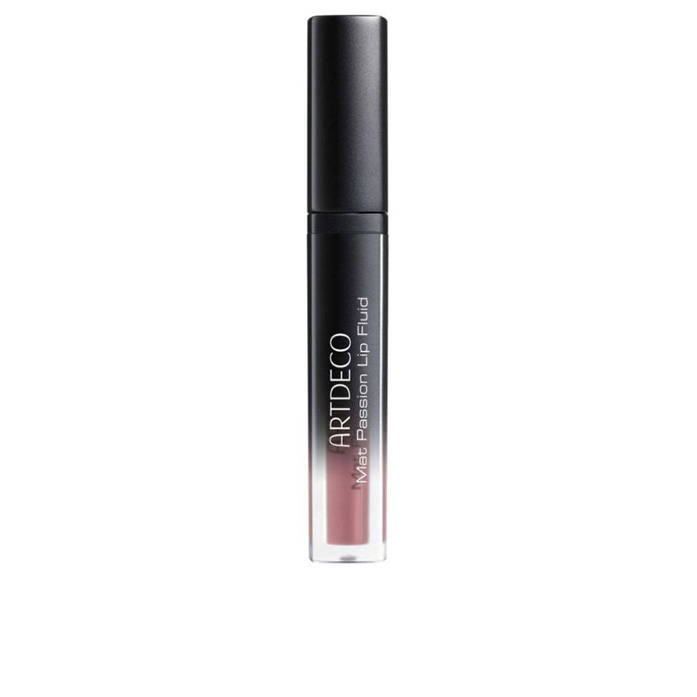 Artdeco Mat Passion Lip Fluid, flacone chiuso. Tappo nero, tubo trasparente, contenuto rosa. Testo: Mat Passion Lip Fluid.