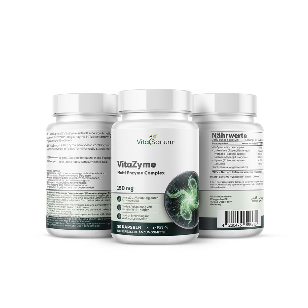 Tre flaconi bianchi VitaSanum VitaZyme. Flacone centrale con informazioni sul prodotto e 150 mg. 90 capsule.
