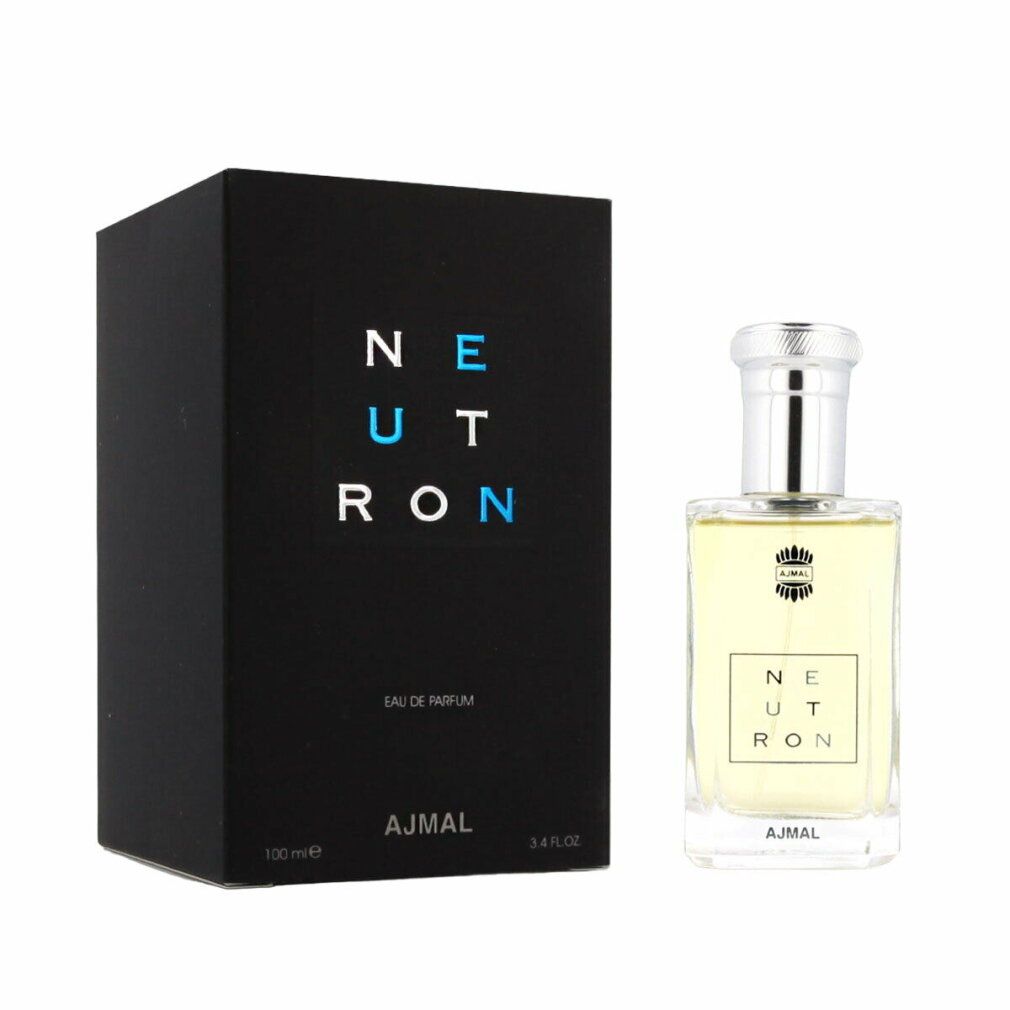 Neutron Eau de Parfum con confezione nera. Flacone e confezione. Scritta: NEUTRON, AJMAL, Eau de Parfum.