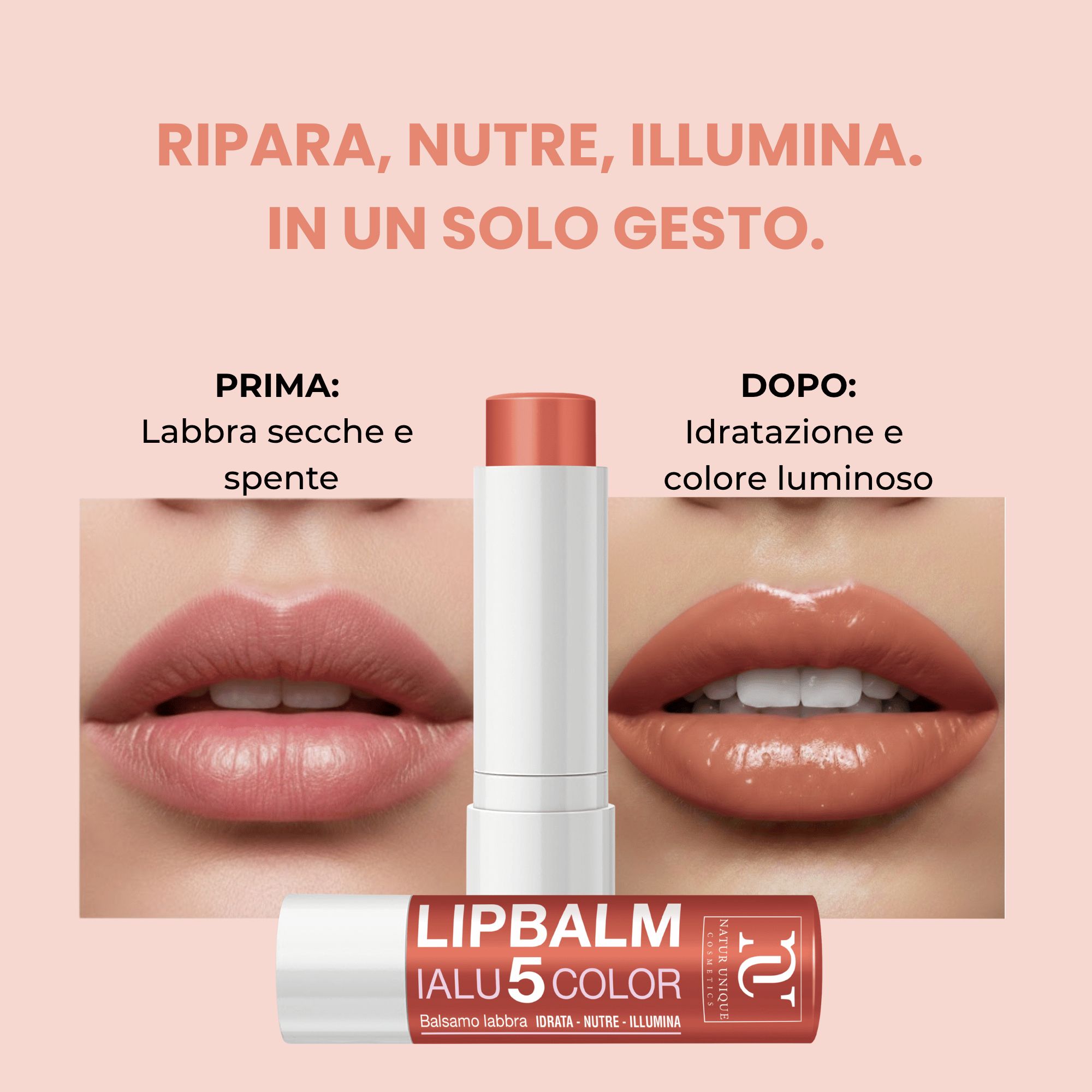 Prima/Dopo: Labbra secche e spente diventano idratate e luminose con balsamo labbra Natur Unique.