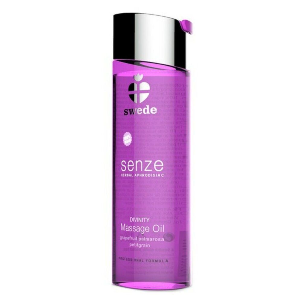 Flacone viola con tappo argentato. Scritte: Swede, Senze, Massage Oil. Ingredienti: Pompelmo, Palmarosa, Petitgrain.