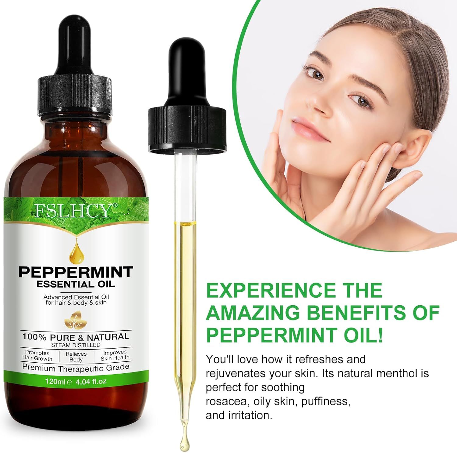 Flacone di olio di menta piperita con contagocce. Testo: "FSLHCY Olio di menta piperita". Donna che si tocca il viso. 120ml.