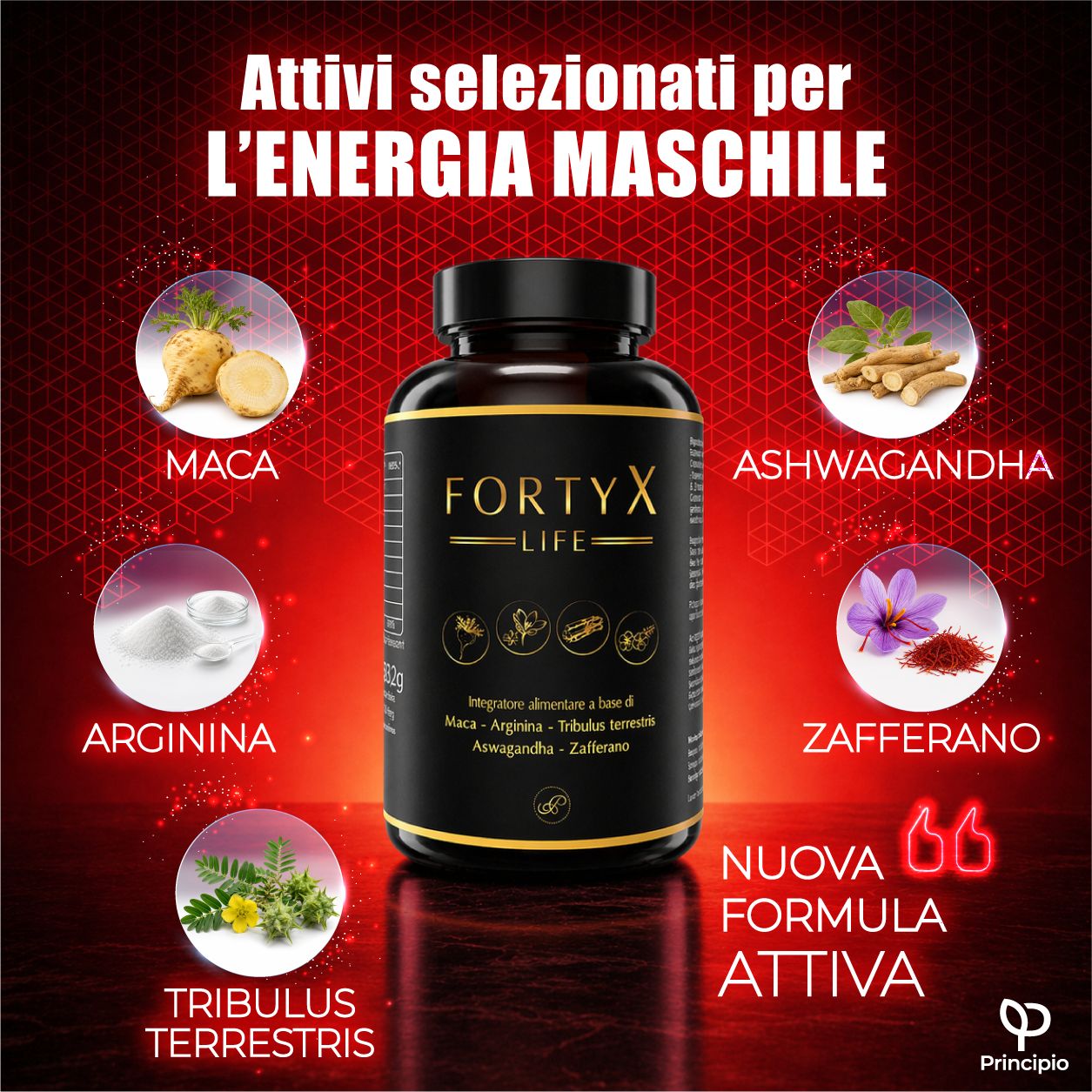 Flacone FORTYX LIFE con ingredienti: Maca, Arginina, Tribulus, Ashwagandha, Zafferano. Sfondo rosso.