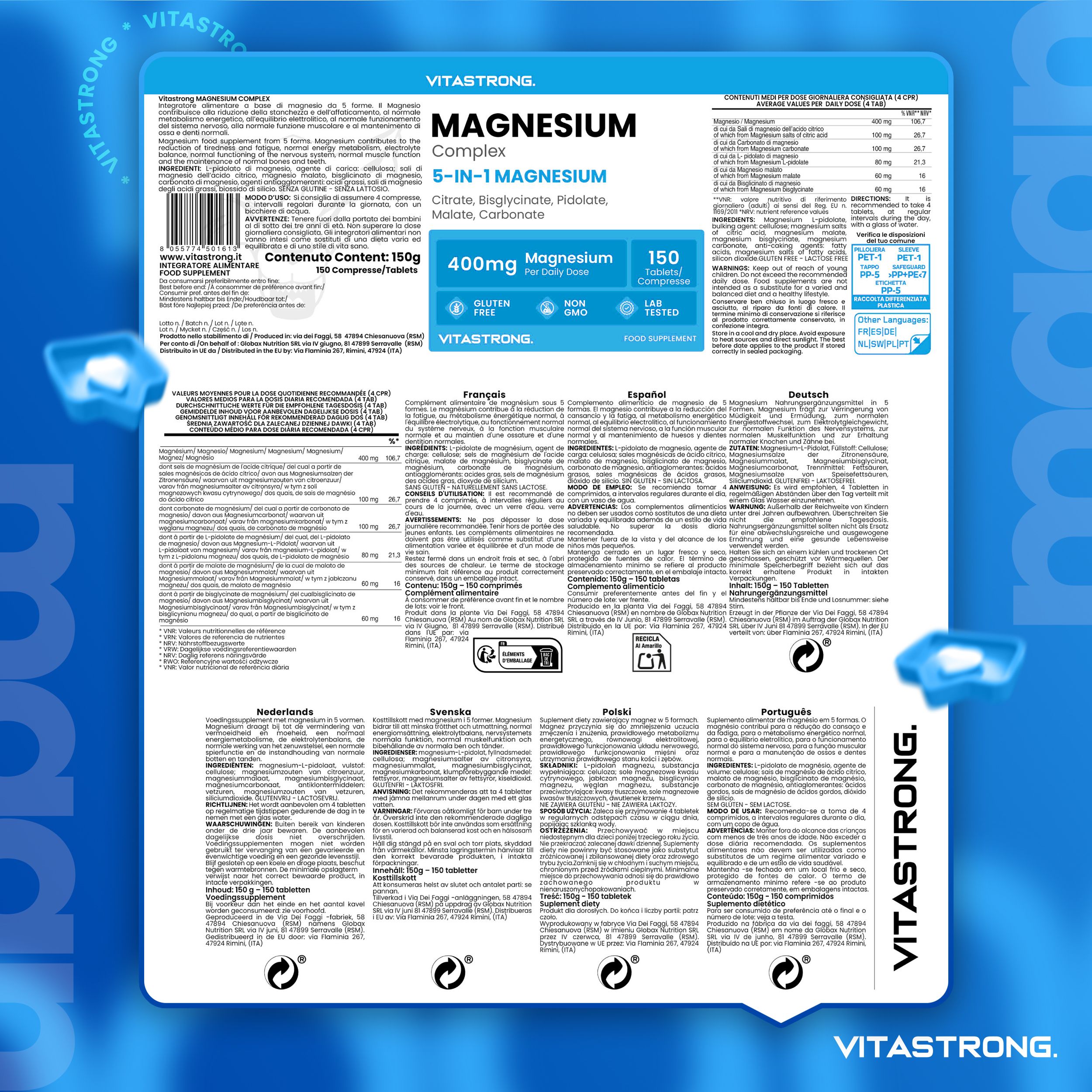 Retro della confezione. Magnesio 5-in-1. 150 compresse. Contiene 400mg di magnesio. Ingredienti, informazioni nutrizionali.
