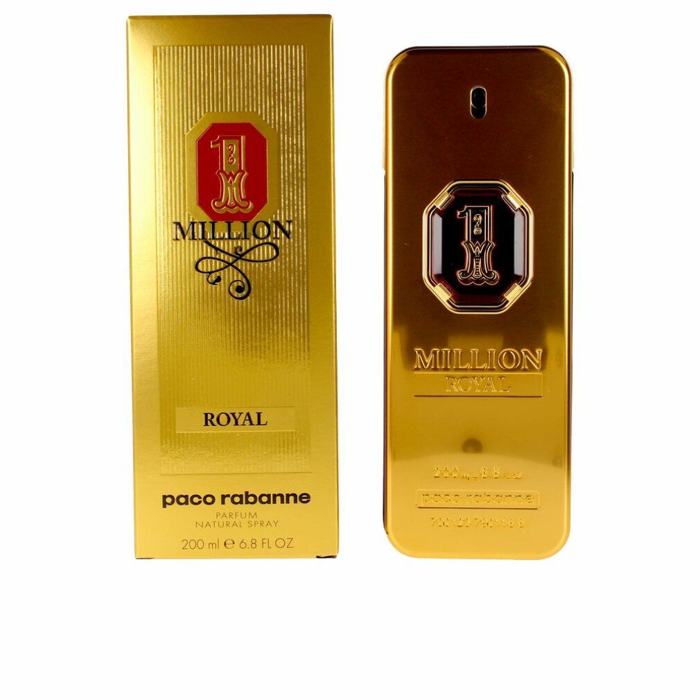 Flacone e confezione dorati. Scritta: 1 MILLION ROYAL, paco rabanne. Flacone a forma di lingotto, con stemma rosso.