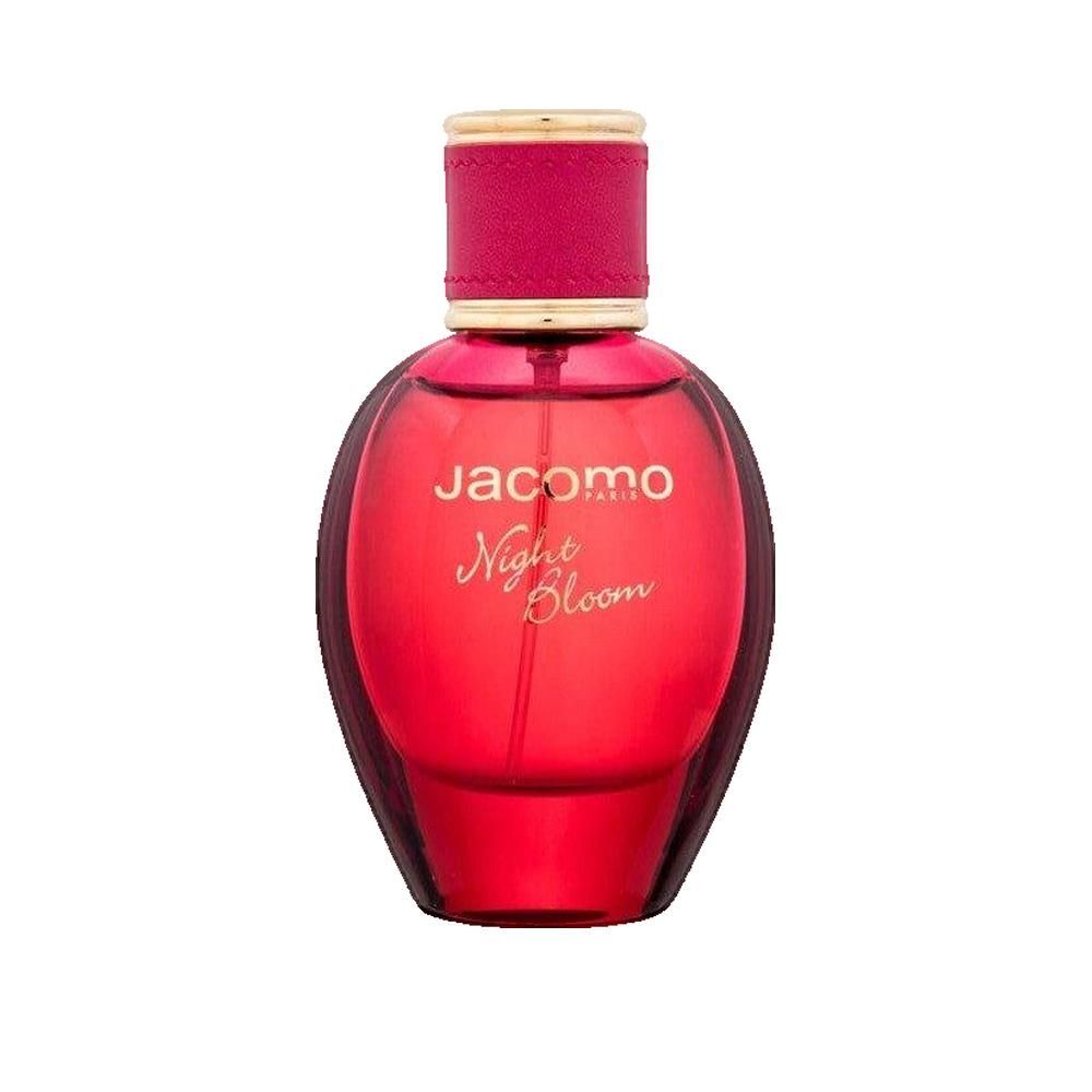 Flacone rosso con tappo dorato. Scritta: Jacomo Night Bloom. Liquido rosso visibile.