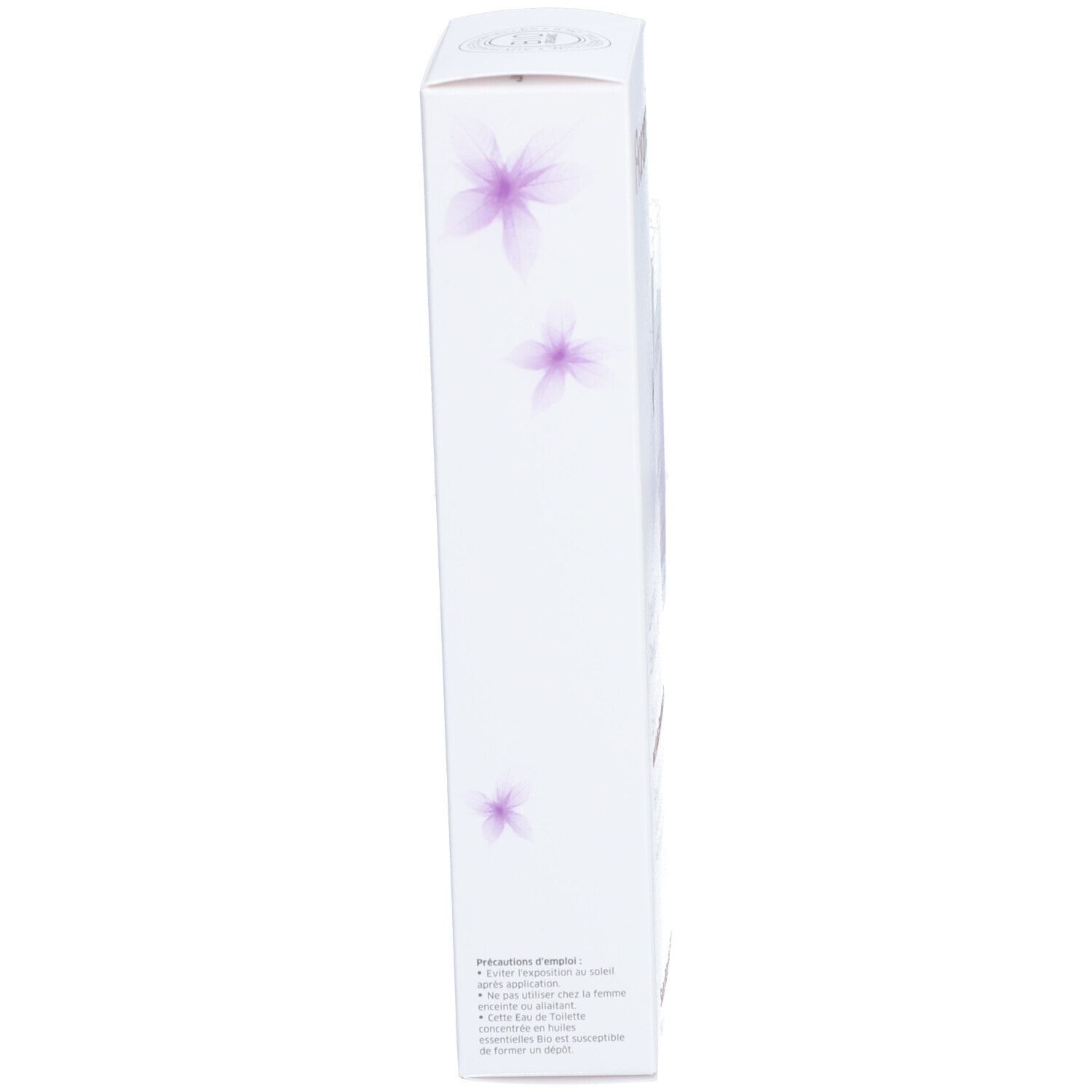 Confezione prodotto bianca, sottile, con motivi floreali viola. Testo: Precauzioni, ingredienti, produttore.