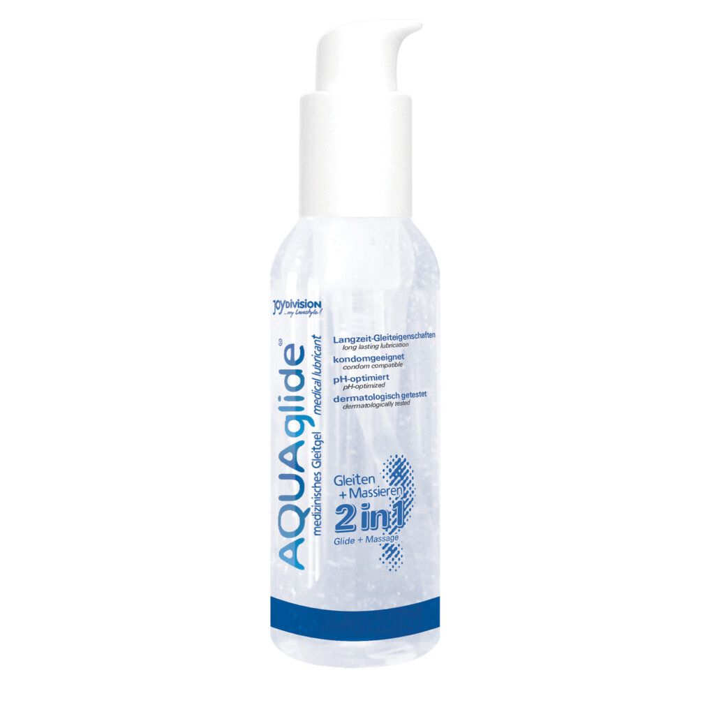 Flacone trasparente con dosatore bianco. Scritta: AQUAglide 2in1, gel lubrificante medico, pH ottimizzato. Marchio: Joydivision.