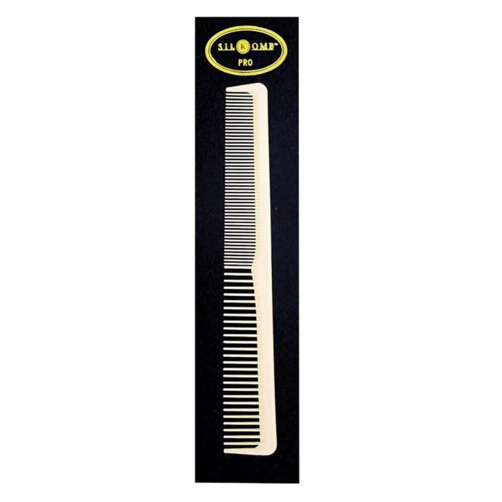 Pettine con denti fini e larghi. Confezione nera con logo giallo. Testo: SILKOMB PRO.