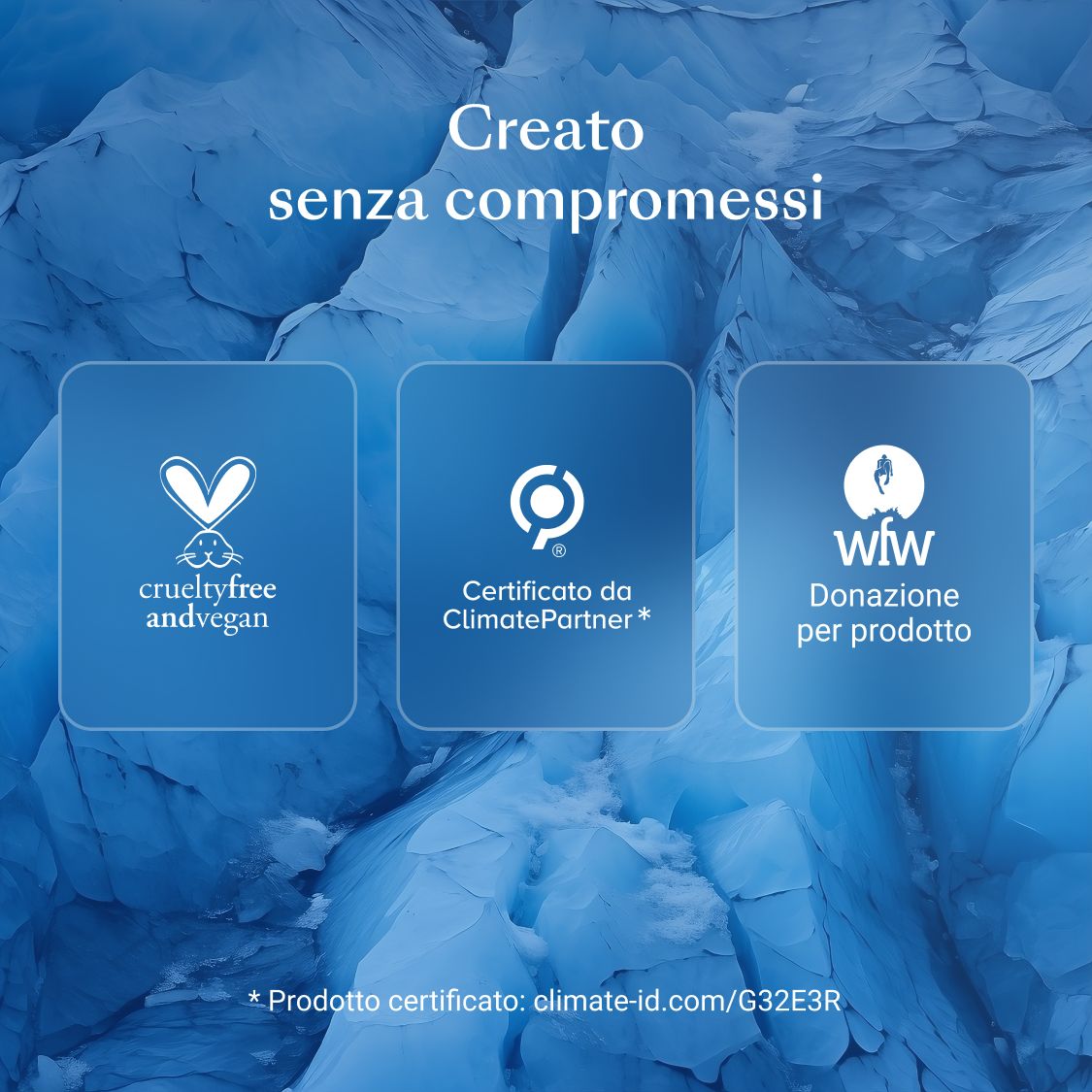 Sfondo blu con loghi. Testo: crueltyfree andvegan, ClimatePartner certificato, wiw Donazione.