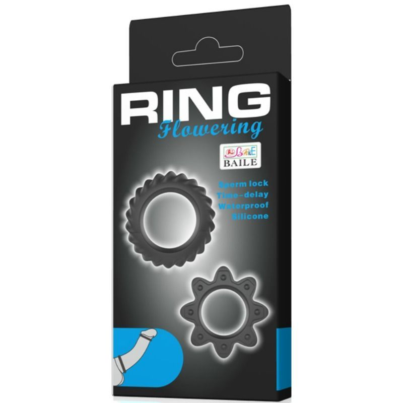 Confezione con due anelli neri. Scritta: RING Flowering, Baile. Caratteristiche: Sperm lock, Time-delay, Waterproof, Silicone.