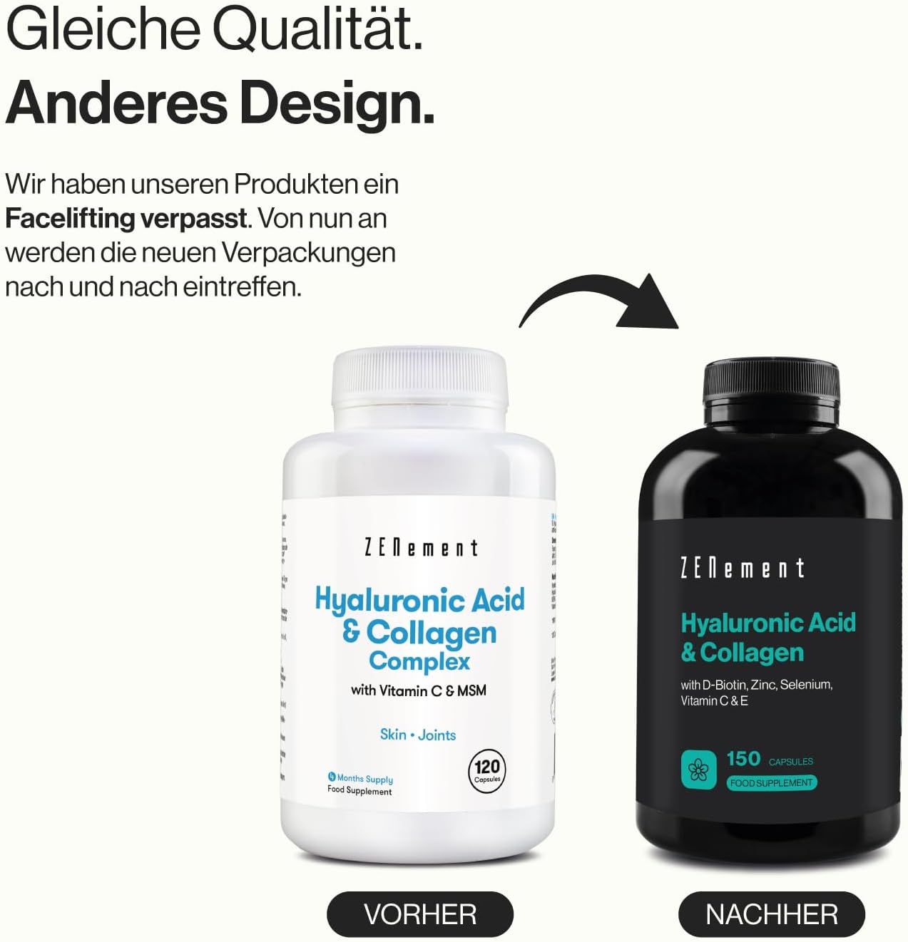 Confronto di due flaconi. Sinistra: bianco, prima. Destra: nero, dopo. Testo: Stessa qualità. Design diverso.