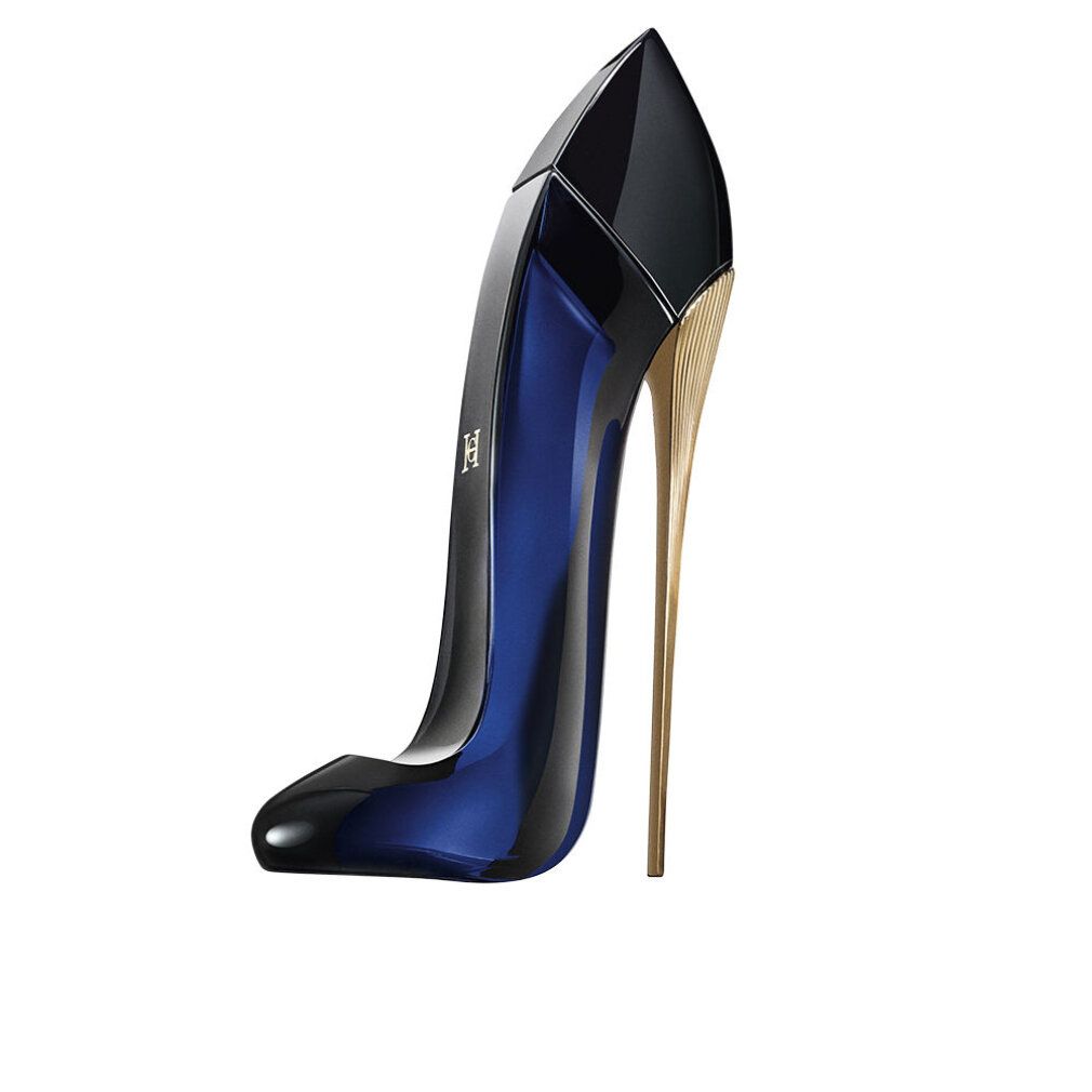 Flacone nero a forma di tacco alto con tacco dorato. Liquido blu visibile. Senza confezione.