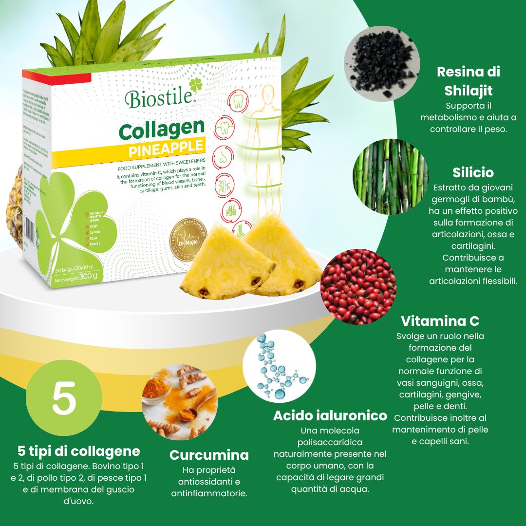 Confezione Biostile Collagen Pineapple. 5 tipi di collagene, curcuma, shilajit, silicio, vitamina C, acido ialuronico.