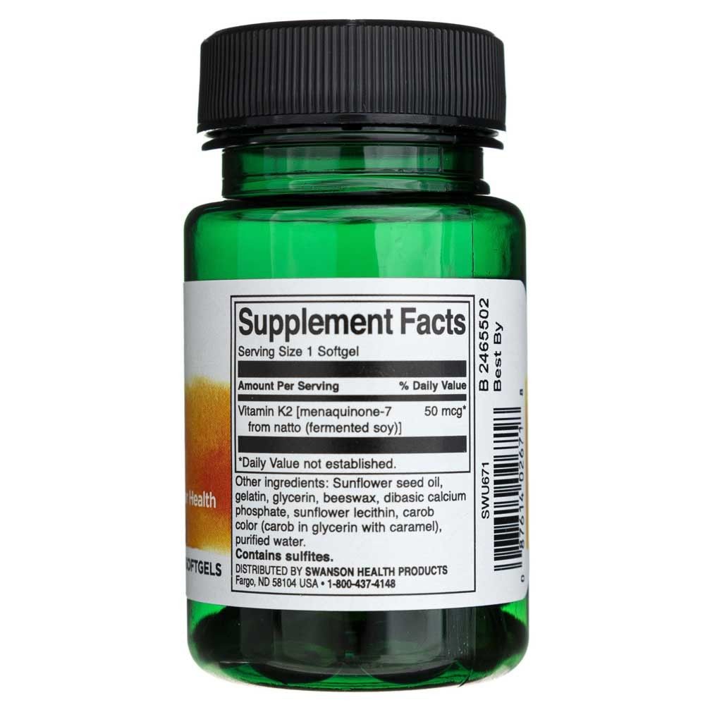 Retro di un flacone di Softgel di Vitamina K-2 SWANSON. Mostra informazioni nutrizionali e ingredienti.