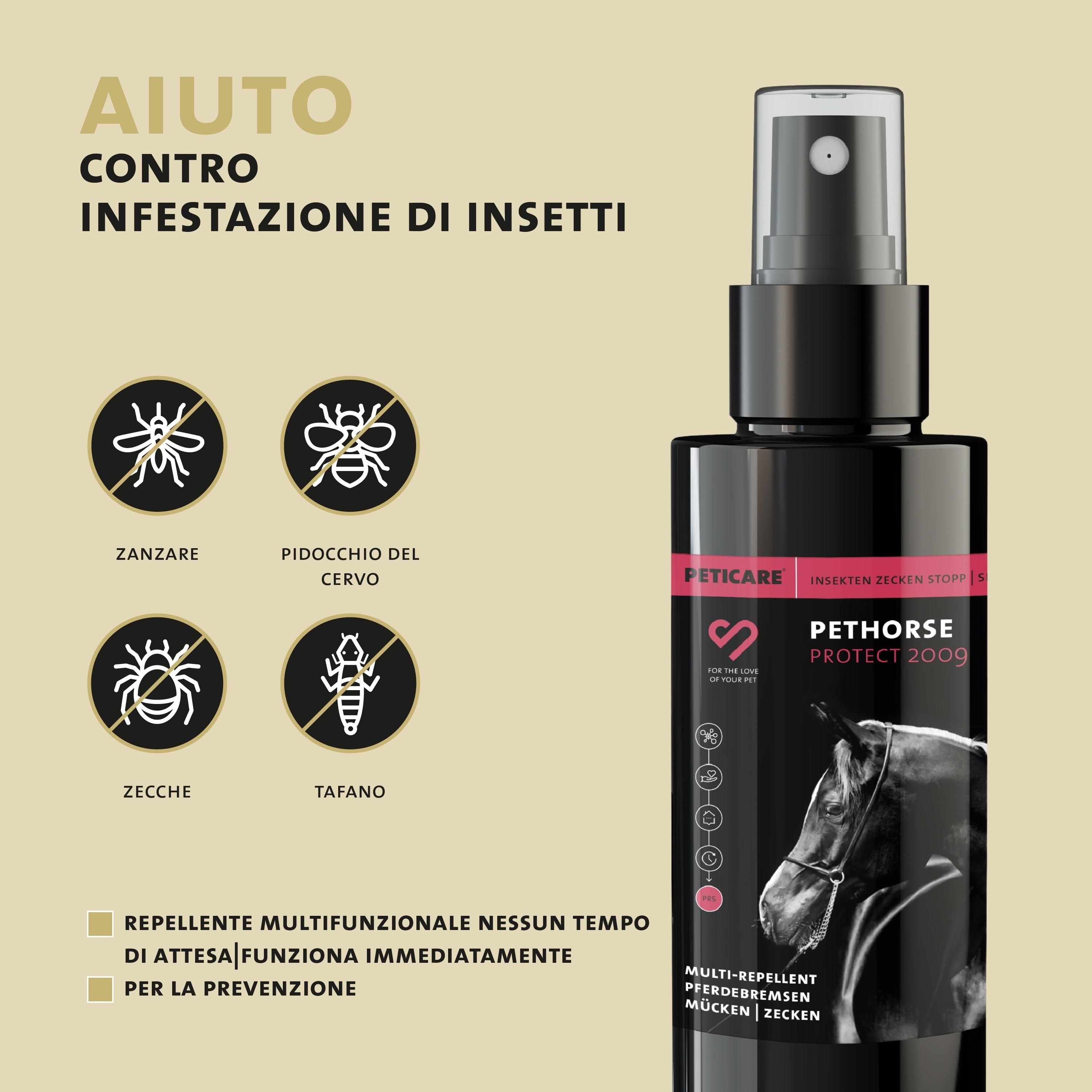 Flacone spray Peticare Pethorse Protect 2009. Aiuta contro l'infestazione da insetti. Agisce immediatamente. Nessun tempo di attesa.