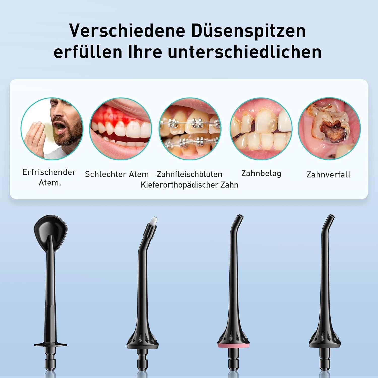 Ugelli per idropulsore. Diversi ugelli per diverse esigenze. Illustrazioni di problemi orali.