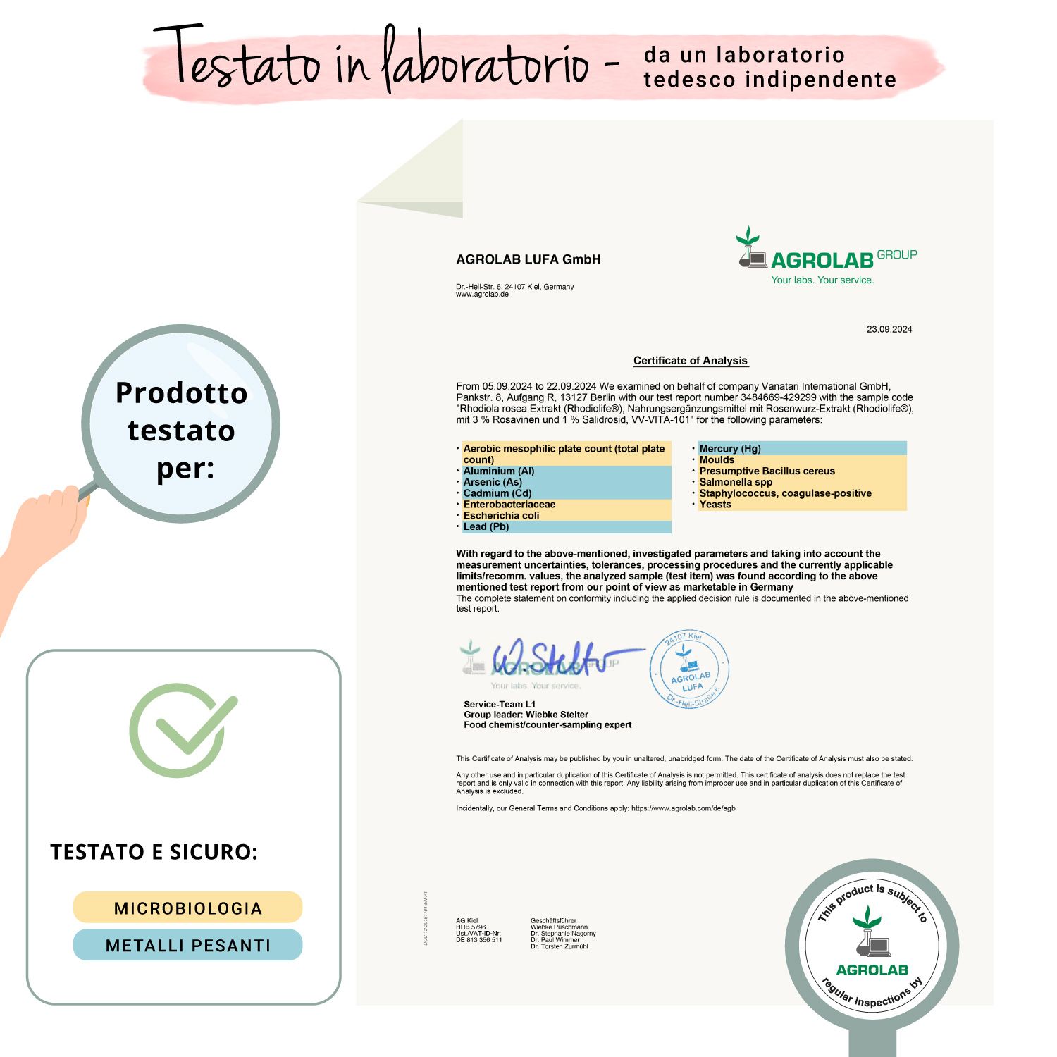 Rapporto di laboratorio con certificazioni e sigilli. Contiene informazioni sui test del prodotto. Marchio: AGROLAB.