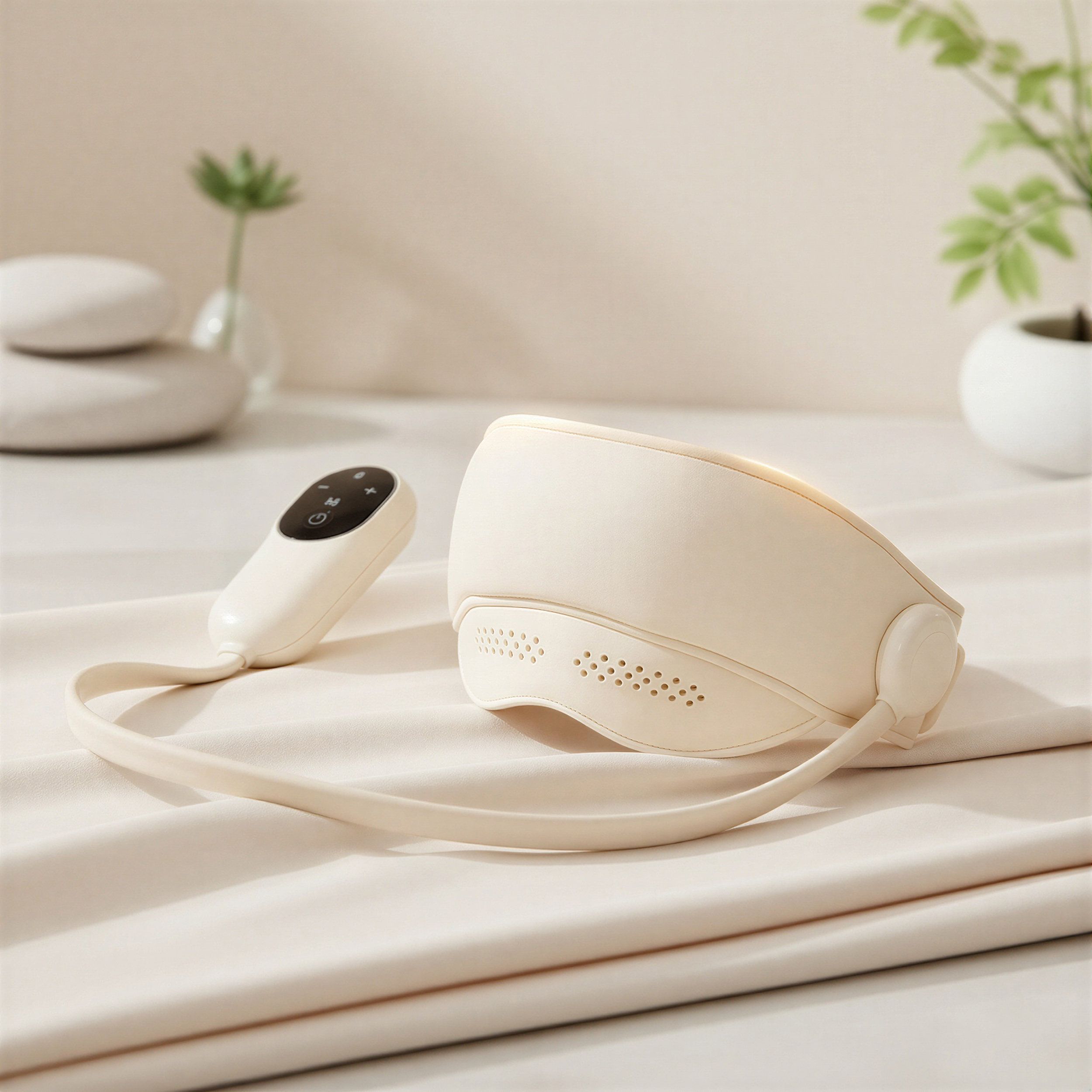 Dispositivo per massaggio oculare bianco con telecomando. Il dispositivo ha dei fori ed è collegato tramite un cavo. Posizionato su una superficie.