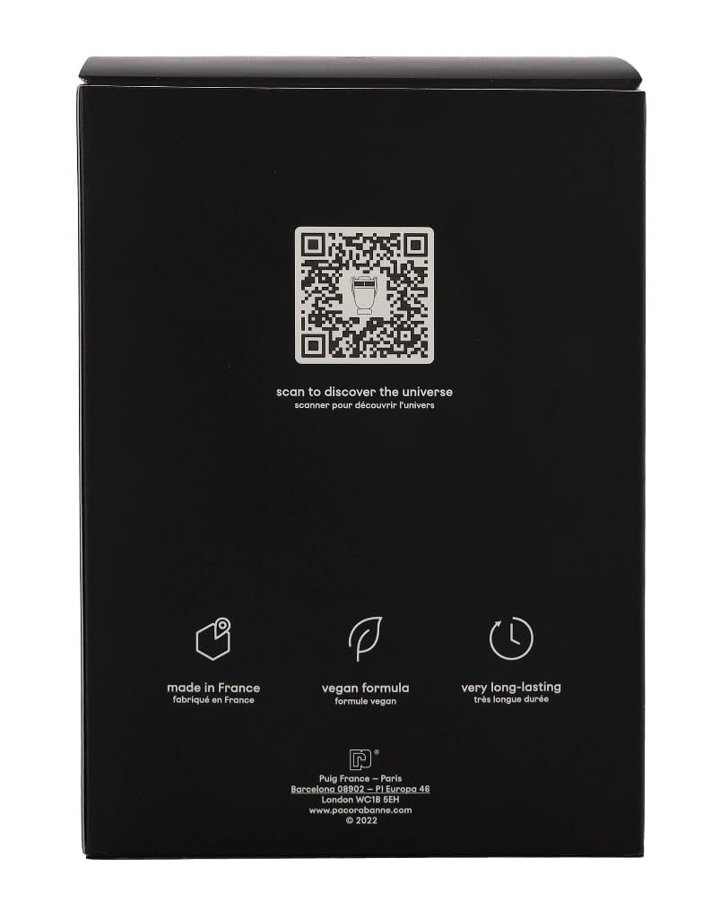 Scatola nera con codice QR e testo. Formula vegana, prodotto in Francia, lunga durata. Logo.