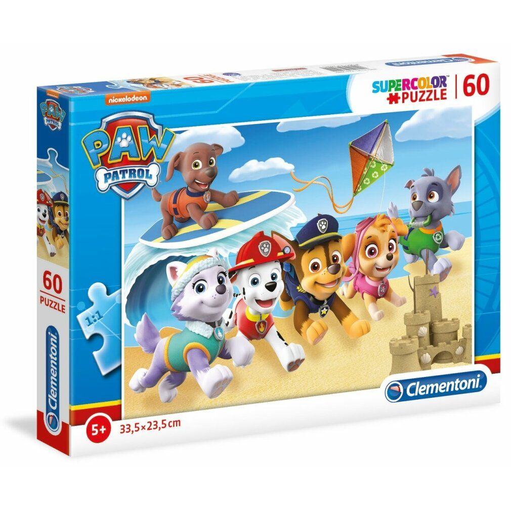 Puzzle Paw Patrol, 60 pezzi. Confezione con immagine dei personaggi Paw Patrol sulla spiaggia. Dimensioni: 33,5x23,5 cm. Marca: Clementoni.