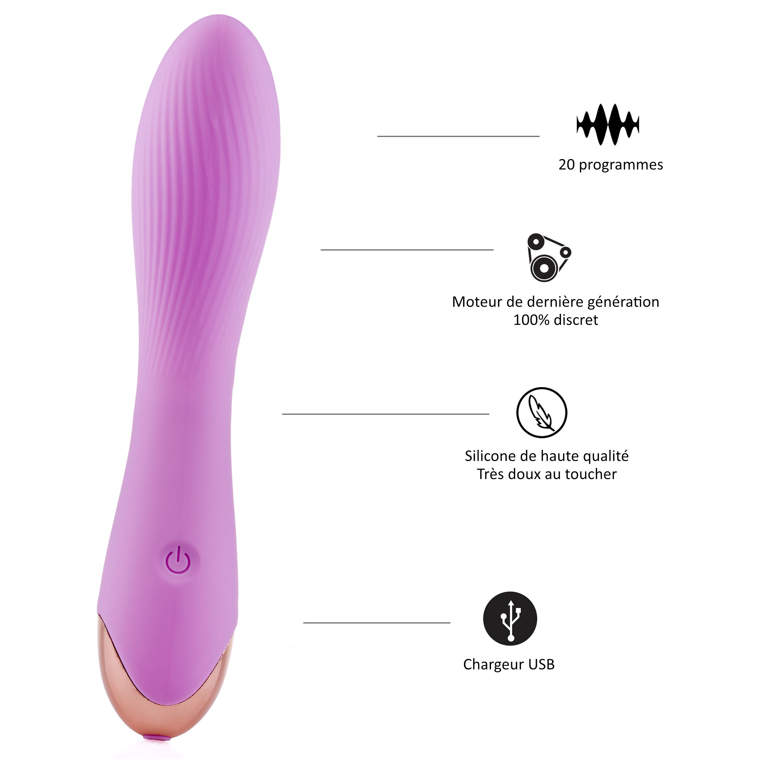 Vibratore viola con 20 programmi, motore silenzioso, silicone di alta qualità e ricarica USB.