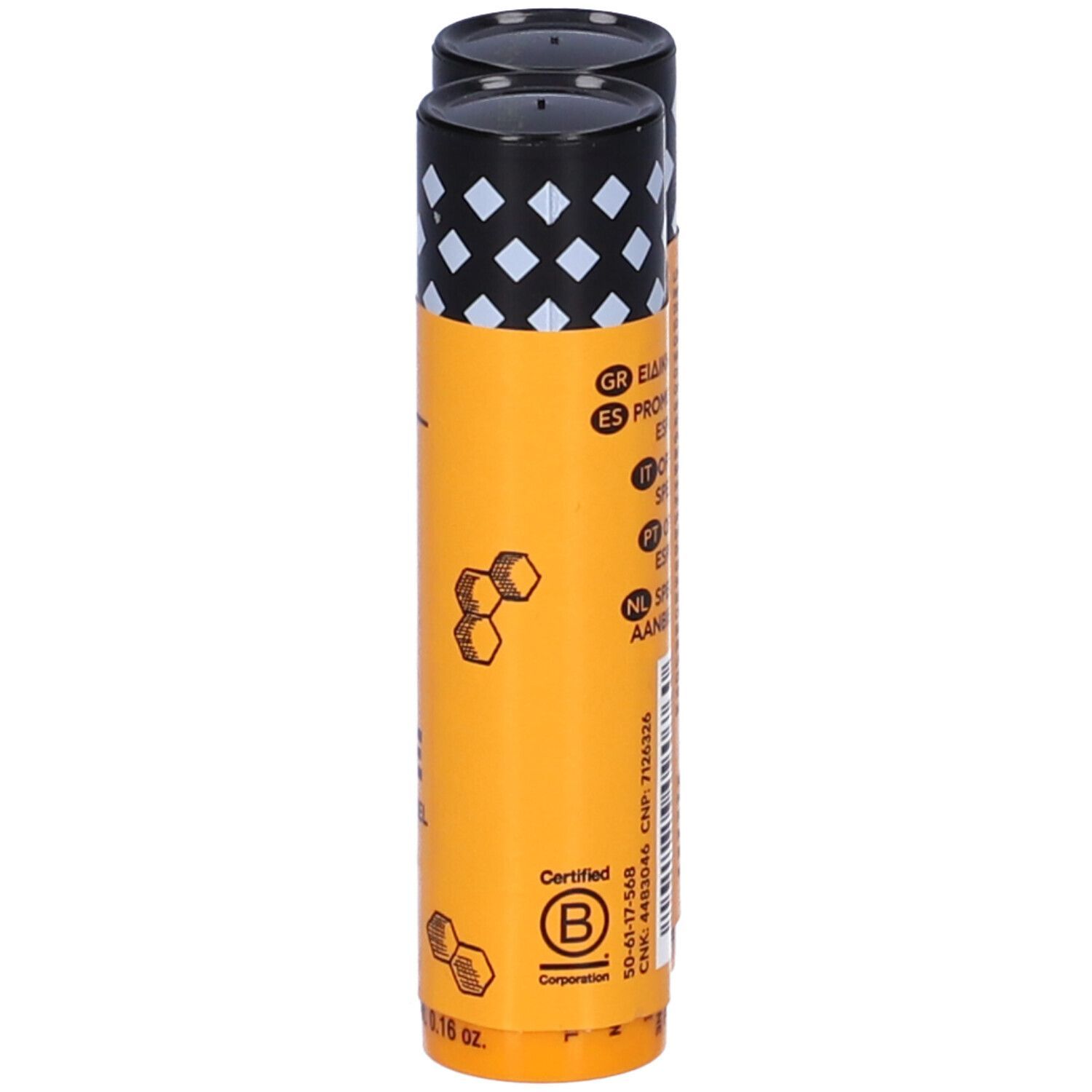 Confezione di stick labbra. Giallo con dettagli neri. Scritta: Gluten Free, Certified B Corporation.