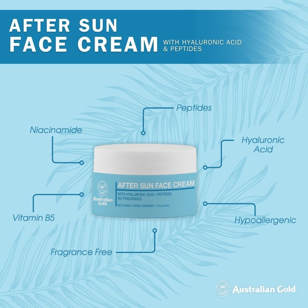 Barattolo di crema viso con testo: After Sun Face Cream, Hyaluronic Acid + Peptides. Etichette: Niacinamide, Vitamina B5, Acido Ialuronico, Peptidi, ipoallergenico.