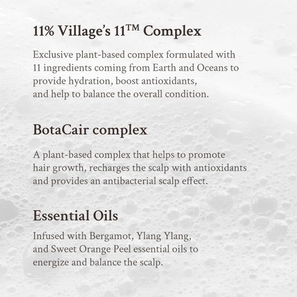 Testo sugli ingredienti: 11% Village's 11TM Complex, BotaCair Complex, oli essenziali. Descrizioni degli ingredienti.