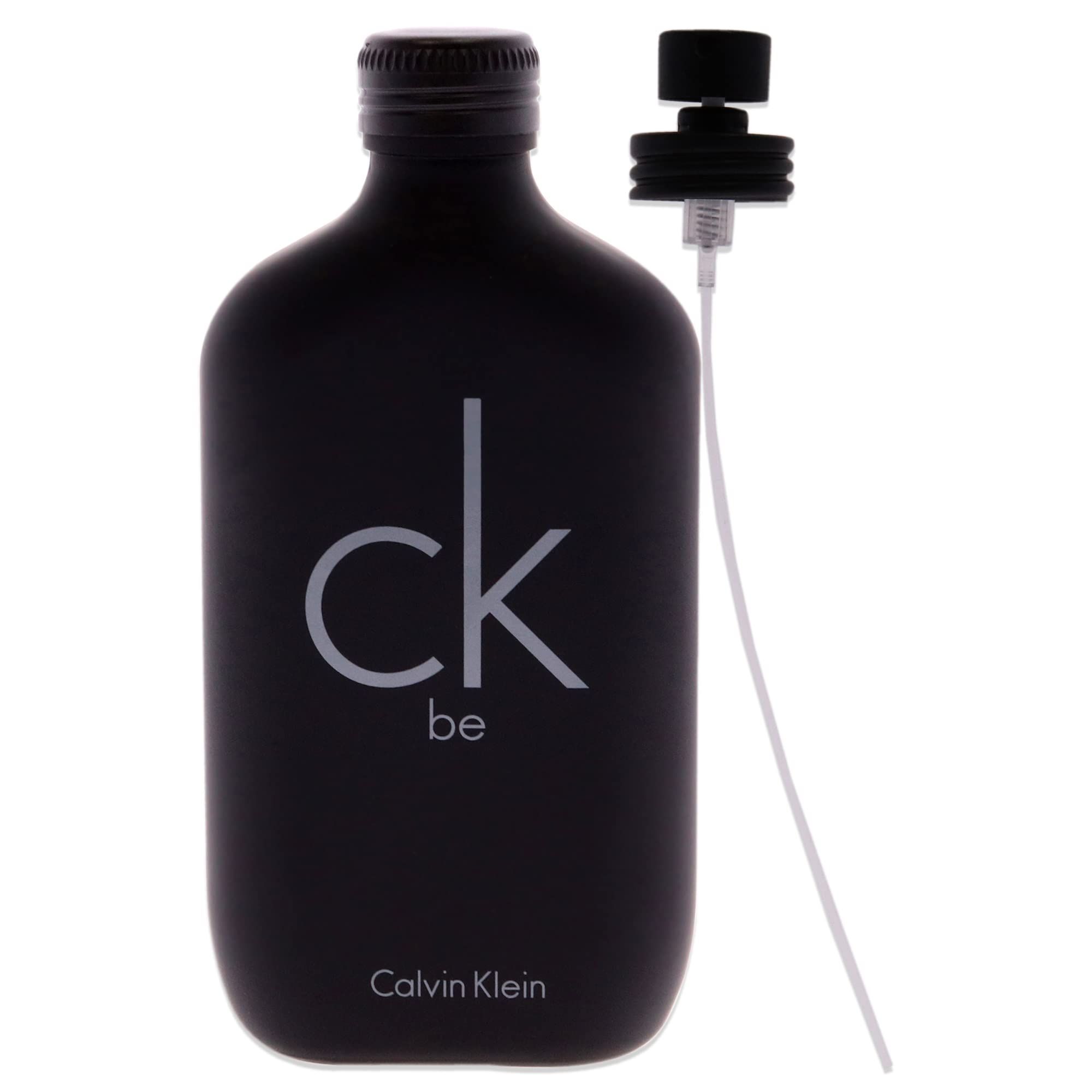 Flacone nero di Calvin Klein CK Be Eau de Toilette con vaporizzatore rimosso. Scritta: ck be, Calvin Klein.