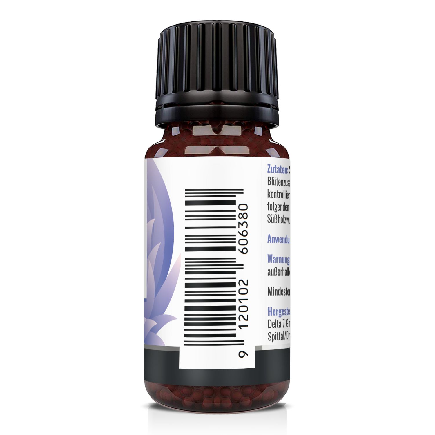 Retro di un flacone di granuli. Codice a barre e informazioni. Ingredienti, uso, avvertenza, scadenza, produttore.