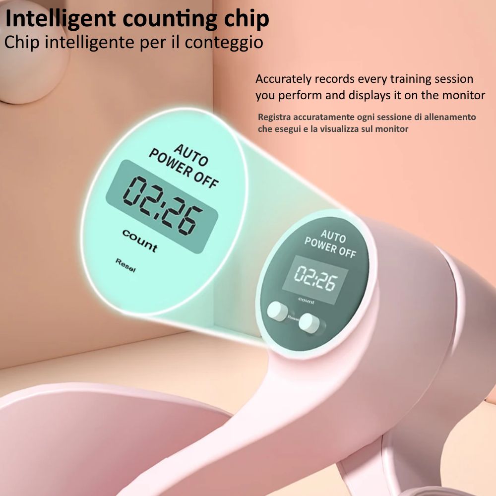 Primo piano del contatore digitale. Mostra tempo e conteggio. Testo: Auto Power Off, Reset.