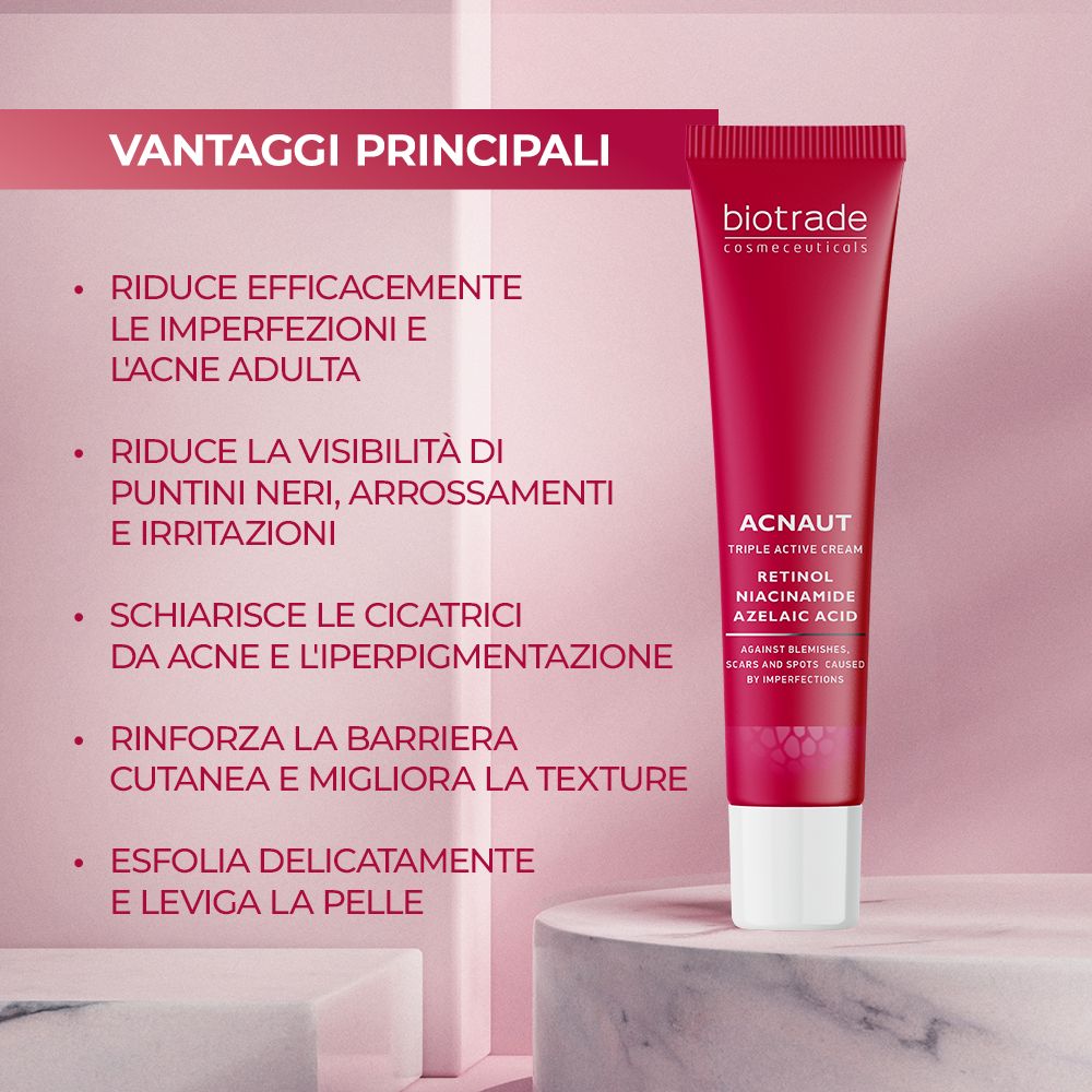 Tubo rosso con tappo bianco. Testo: Biotrade, Acnaut Triple Active Cream. Elenco dei vantaggi su sfondo rosa.
