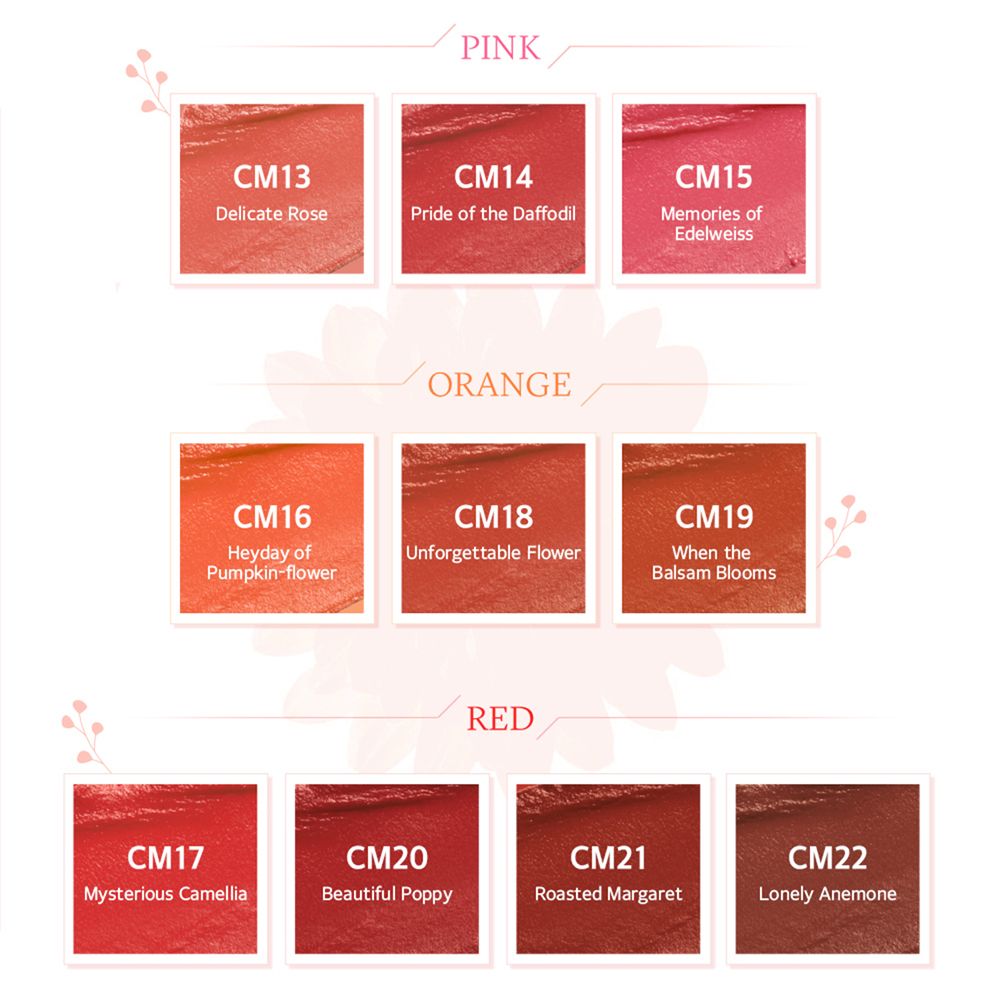 Colori del prodotto in riquadri quadrati. Rosa, arancione e rosso. Ogni colore con numero CM e nome.