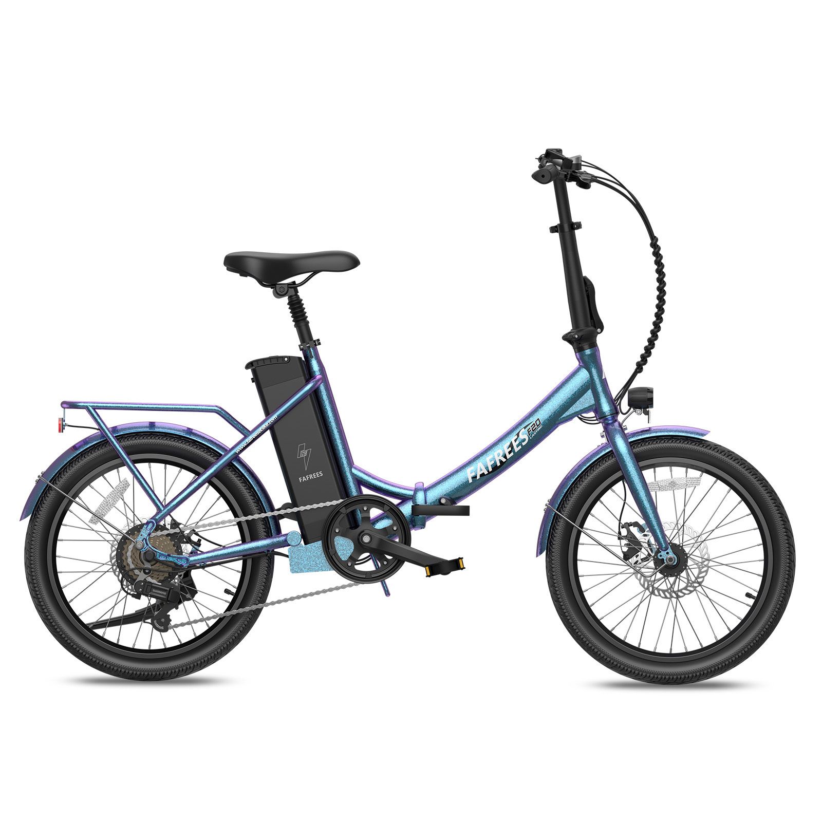 E-bike Fafrees F20 blu. Telaio pieghevole, portapacchi, freni a disco, batteria sul telaio. Pneumatici e sella neri.