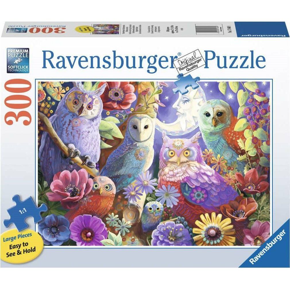 Scatola puzzle con motivo gufi. Logo Ravensburger, 300 pezzi, Premium Puzzle, qualità originale Ravensburger.