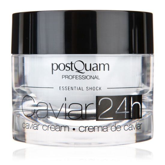 Vaso di crema rotondo con coperchio nero. Scritta: Caviar 24h, Caviar Cream, Postquam Professional, Essential Shock.