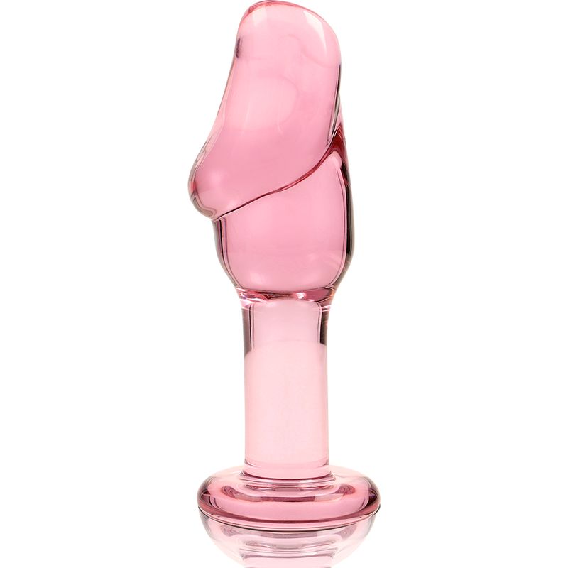 Plug anale in vetro rosa con base larga e punta curva.