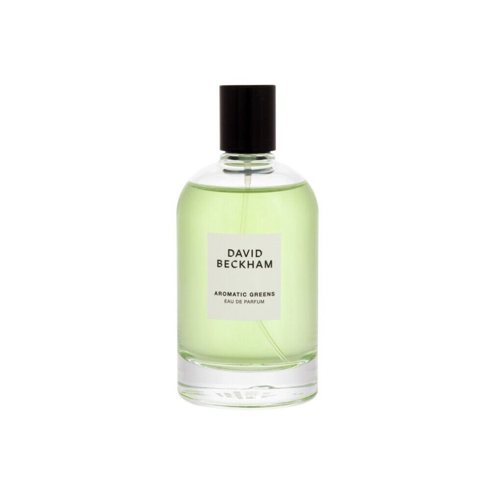 Flacone in vetro con Eau de Parfum verde e tappo nero. Etichetta 'DAVID BECKHAM AROMATIC GREENS'.