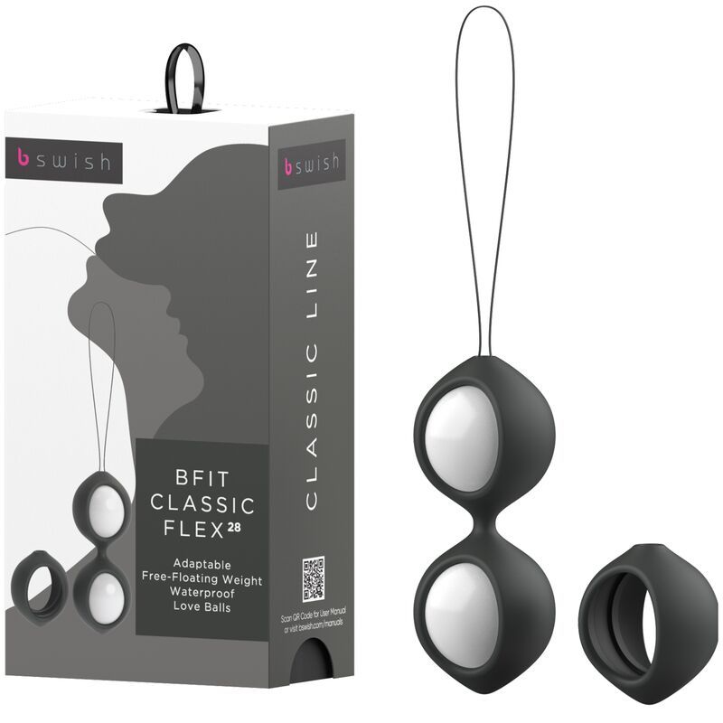 Confezione e sfere di Kegel B Swish: Due sfere nere con nucleo bianco, collegate da un laccio, con un anello nero.