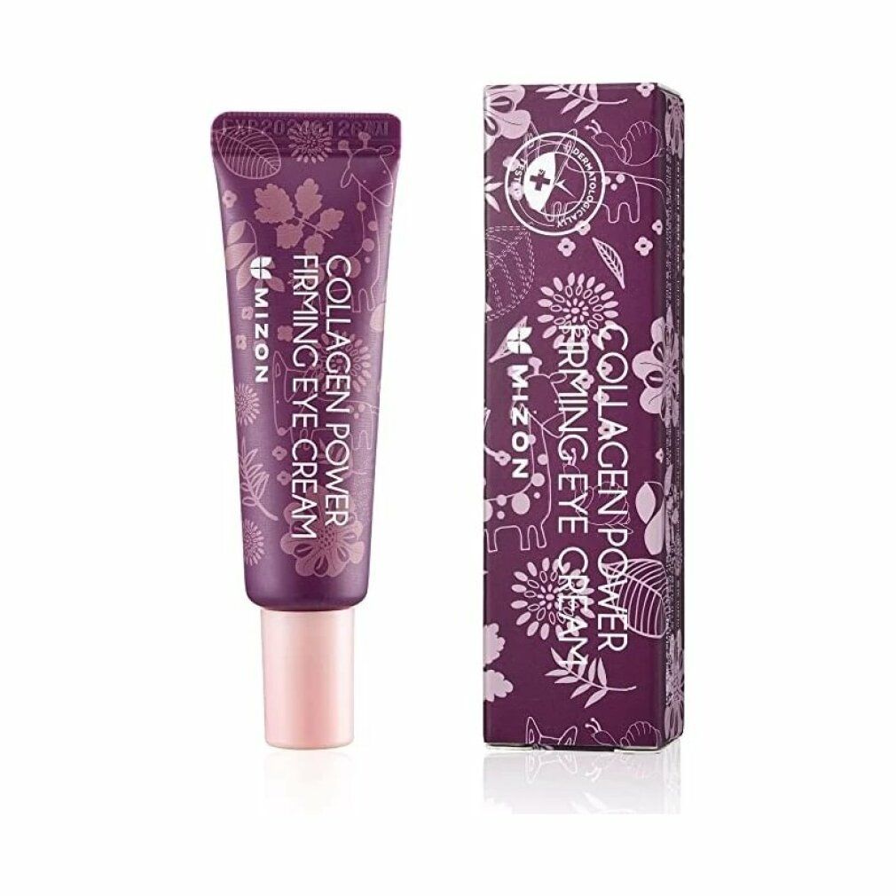 Tubo viola MIZON Collagen Power Firming Eye Cream e confezione. Motivi floreali. Tappo rosa. Testo: Collagen Power Firming Eye Cream.