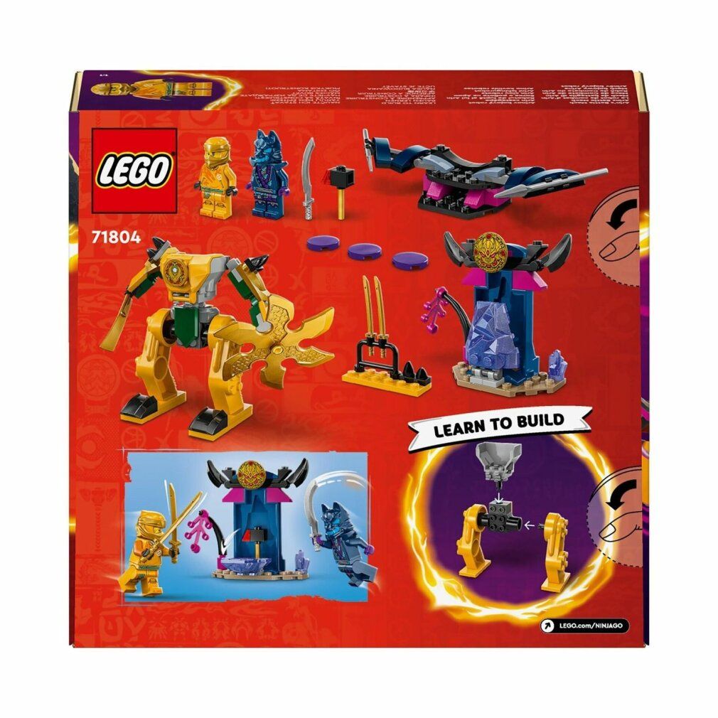 Retro della confezione LEGO NINJAGO. Mostra robot giallo, costruzioni blu e viola. Contiene personaggi e pezzi.