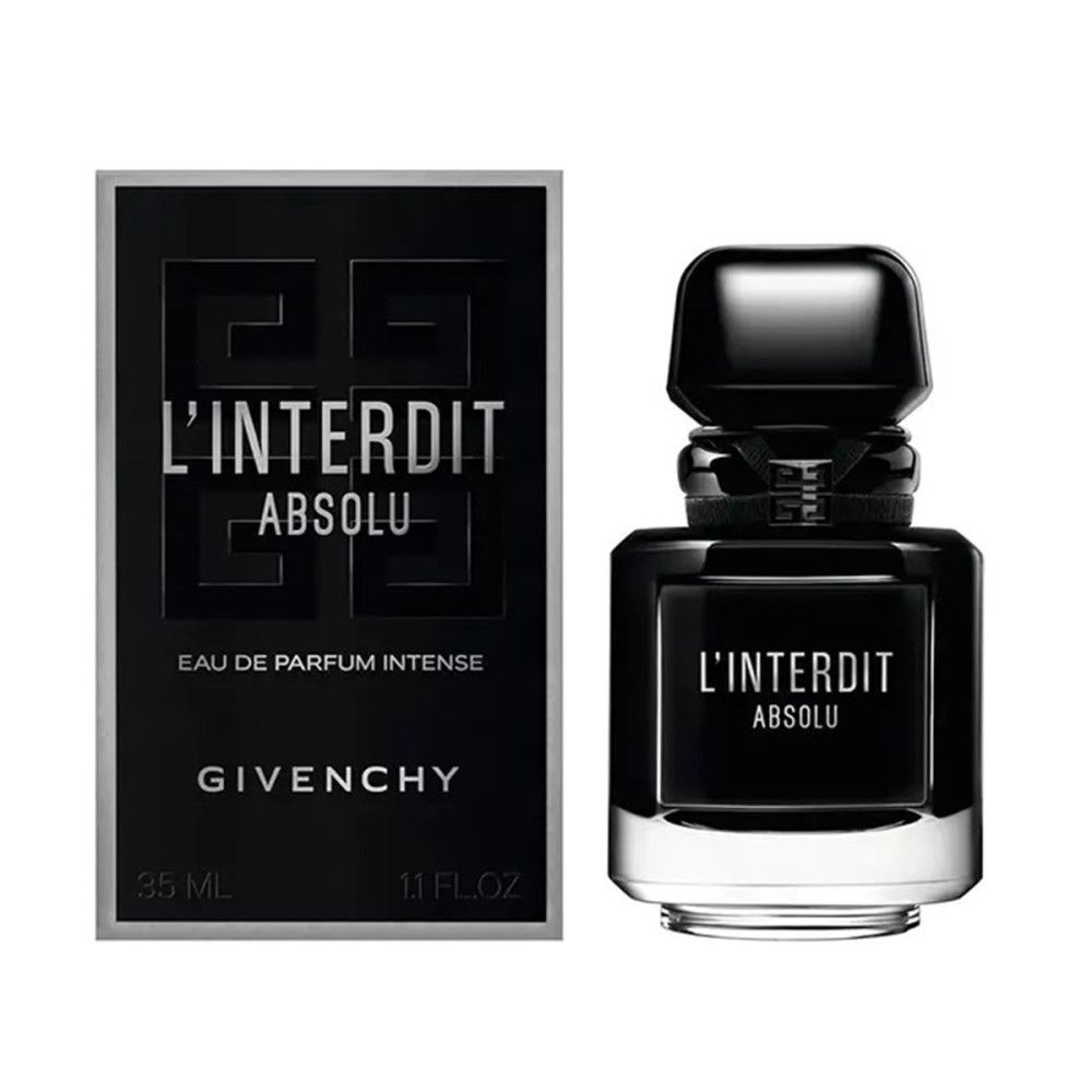 Flacone nero e confezione Givenchy L'Interdit Absolu Intense EDP. Flacone con tappo nero e scritta. Confezione con logo.