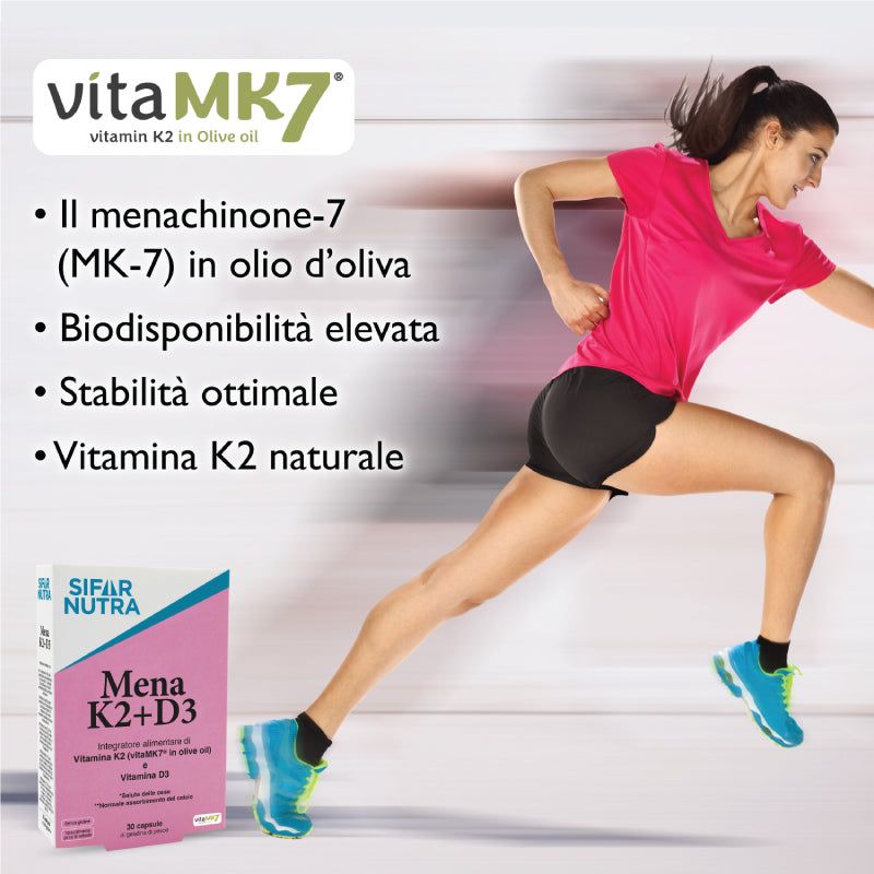 Donna che corre. Confezione Sifar Nutra Mena K2+D3. Testo: vitaMK7, menachinone-7, alta biodisponibilità.