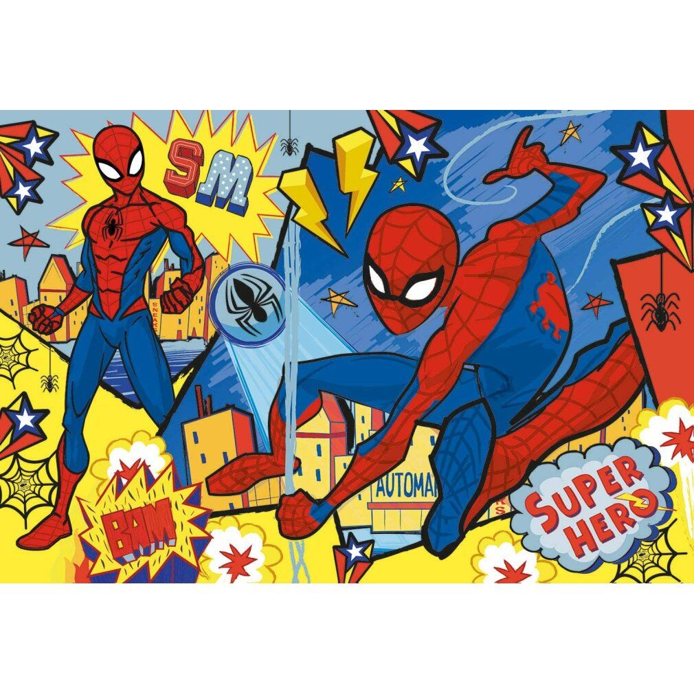 Motivo puzzle di Spiderman. Due personaggi di Spiderman in una scena a fumetti. Fulmini gialli, stelle e scritte. Senza confezione.