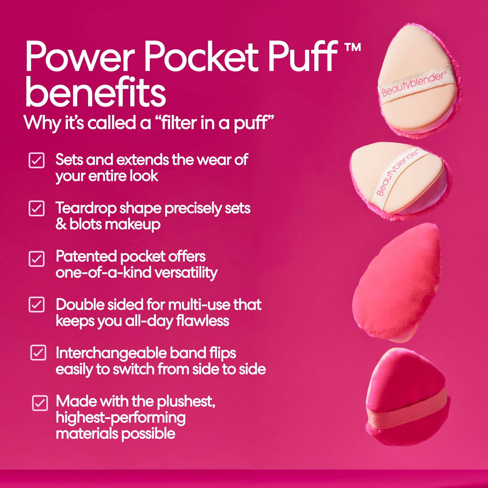 Quattro Beautyblender Power Pocket Puff in diverse viste, che mostrano la loro forma e la fascia.