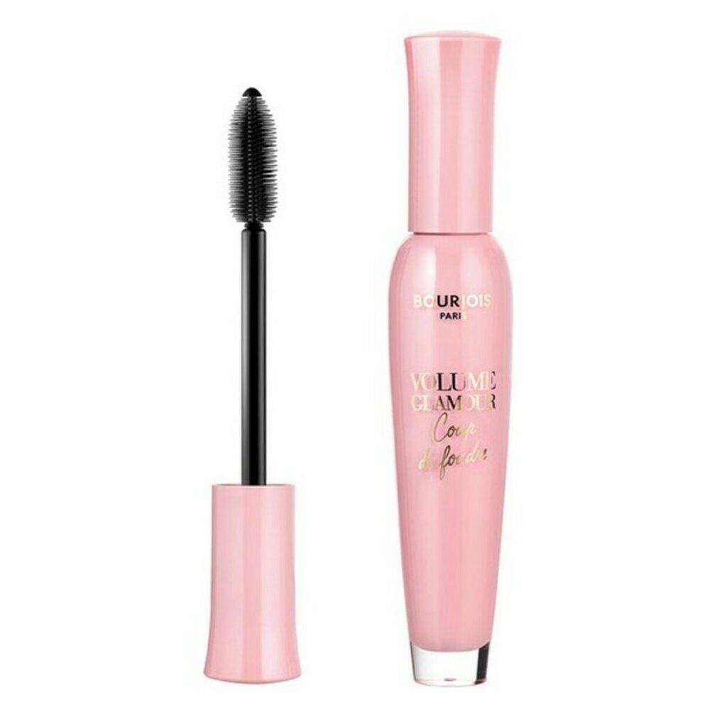Tubo di mascara rosa e spazzola. Scritta: Bourjois Volume Glamour Coup de Foudre Black. Spazzola nera.