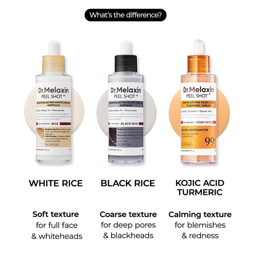 Dr.Melaxin Peel Shot Exfoliating White Rice Ampoule con contagocce.