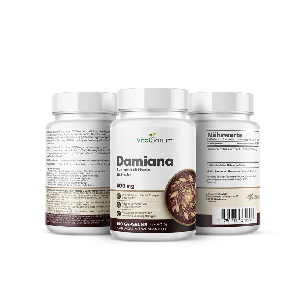 Tre flaconi bianchi con etichette. Sul flacone centrale si legge "VitaSanum Damiana". 500 mg, 100 capsule. Design marrone.