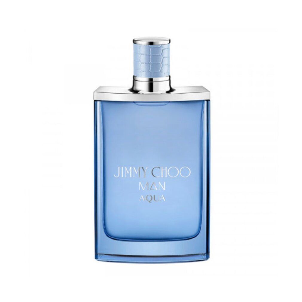Flacone di profumo azzurro chiaro con tappo argentato. Scritta: JIMMY CHOO MAN AQUA. Forma quadrata.